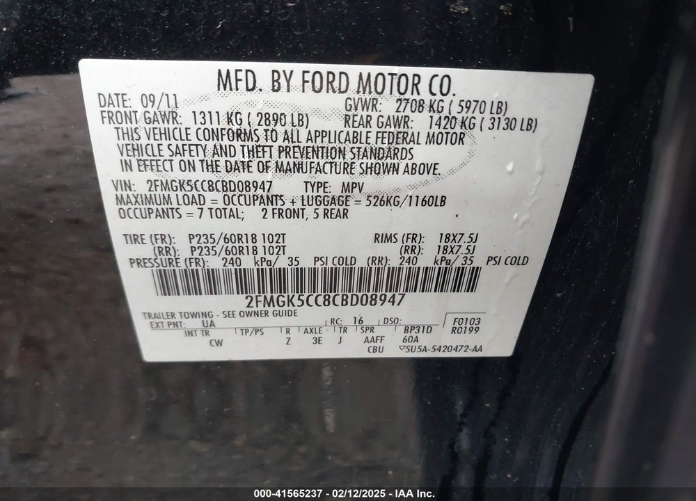 2012 FORD FLEX SEL VIN: 2FMGK5CC8CBD08947