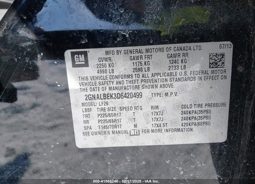 2013 CHEVROLET EQUINOX LS VIN: 2GNALBEK3D6420499