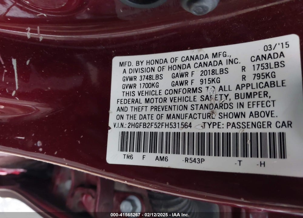 2015 HONDA CIVIC VIN: 2HGFB2F52FH531564
