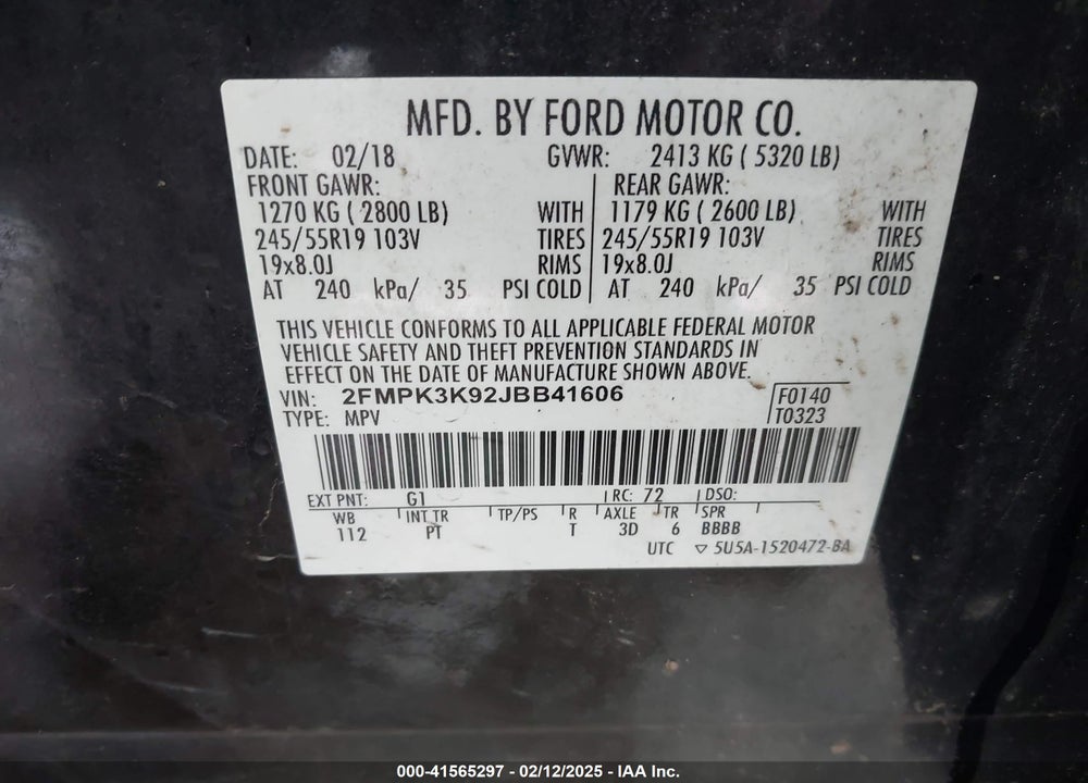 2018 FORD EDGE TITANIUM VIN: 2FMPK3K92JBB41606