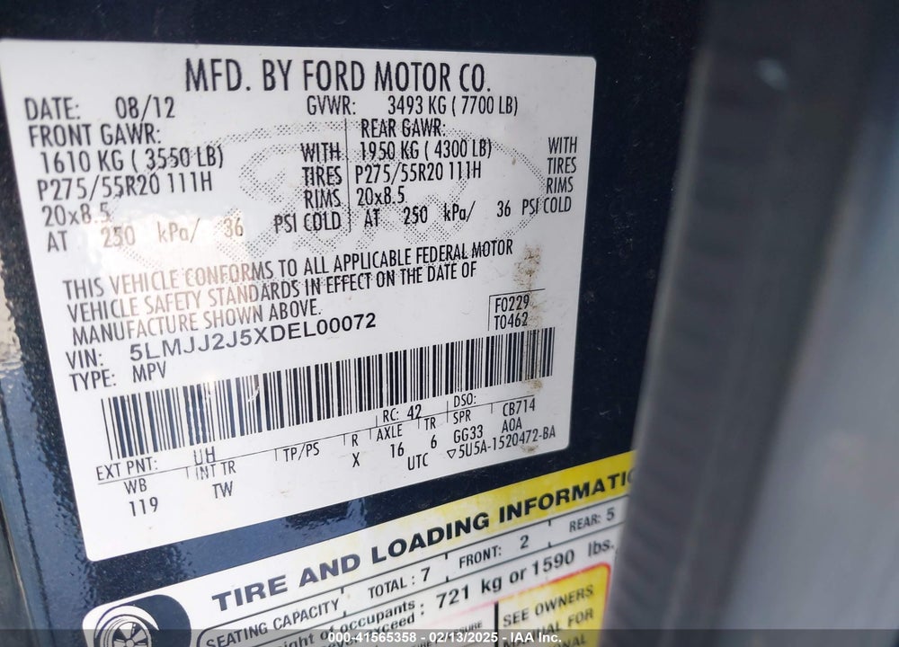 2013 LINCOLN NAVIGATOR VIN: 5LMJJ2J5XDEL00072