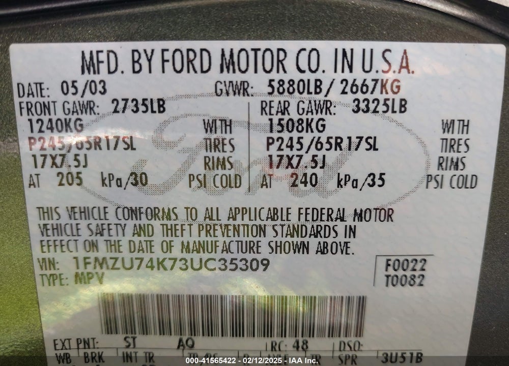 2003 FORD EXPLORER EDDIE BAUER VIN: 1FMZU74K73UC35309