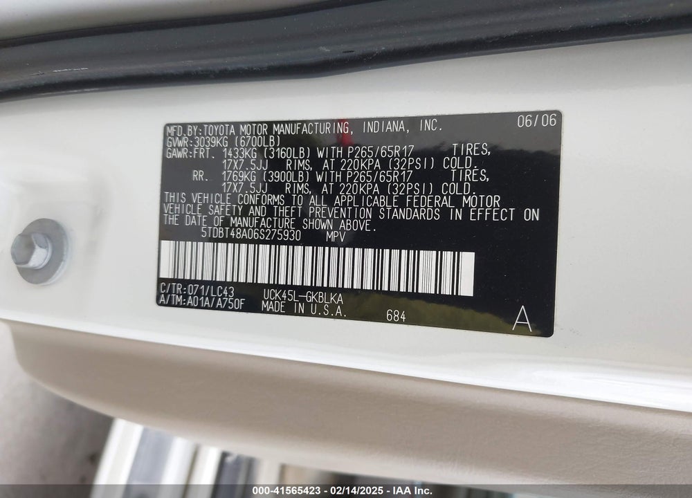 2006 TOYOTA SEQUOIA LIMITED V8 VIN: 5TDBT48A06S275930