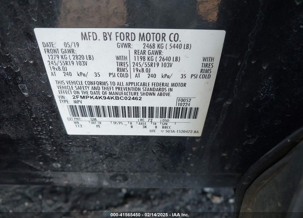 2019 FORD EDGE TITANIUM VIN: 2FMPK4K94KBC02462