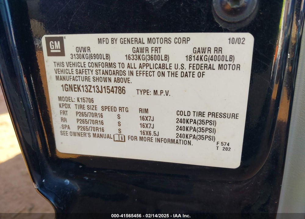 2003 CHEVROLET TAHOE VIN: 1GNEK13Z13J154786