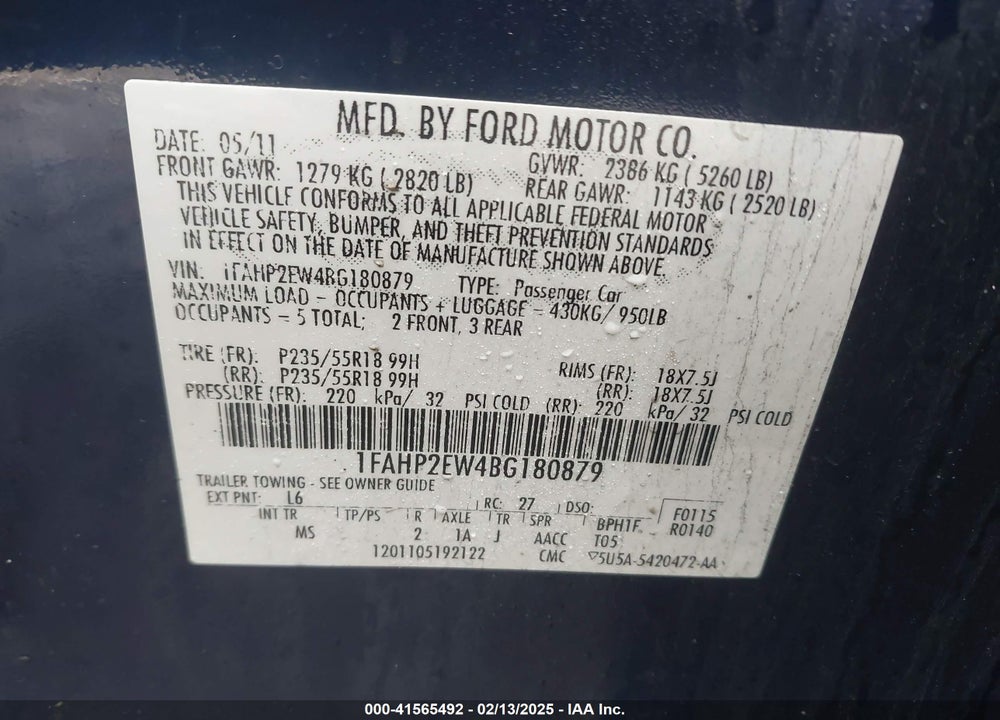 2011 FORD TAURUS SEL VIN: 1FAHP2EW4BG180879