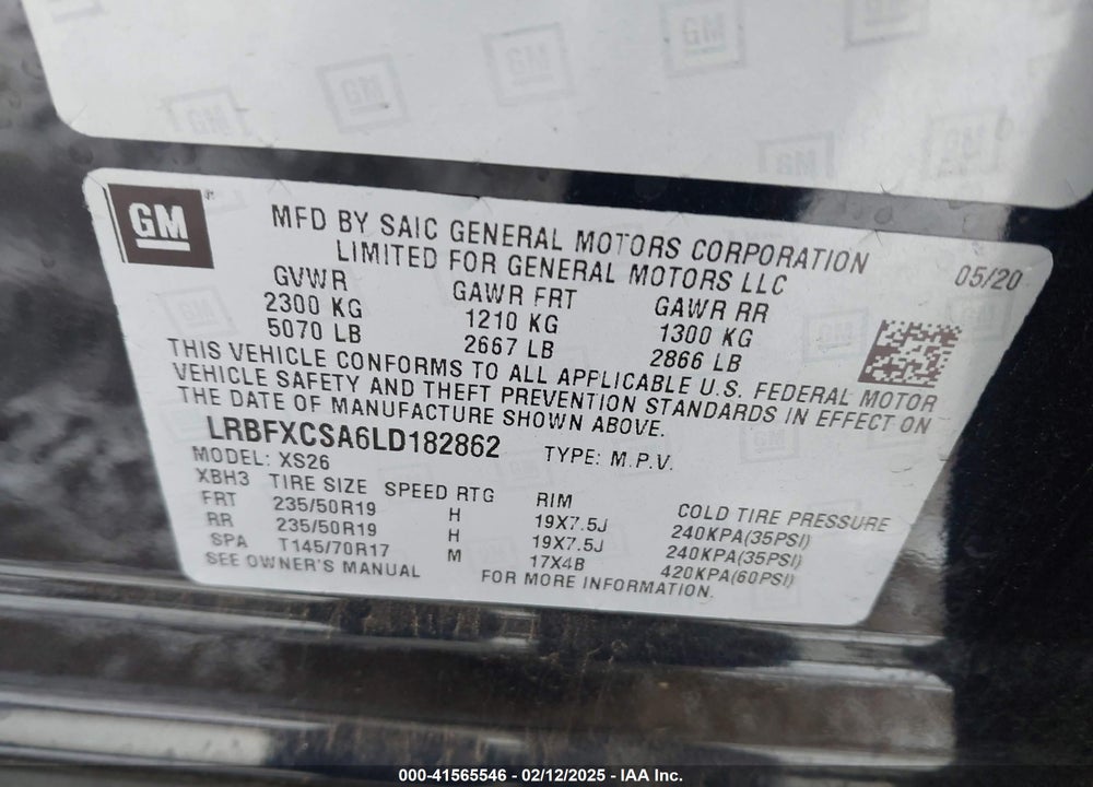 2020 BUICK ENVISION VIN: LRBFXCSA6LD182862