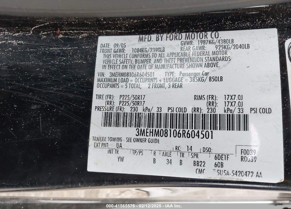 2006 MERCURY MILAN VIN: 3MEHM08106R604501