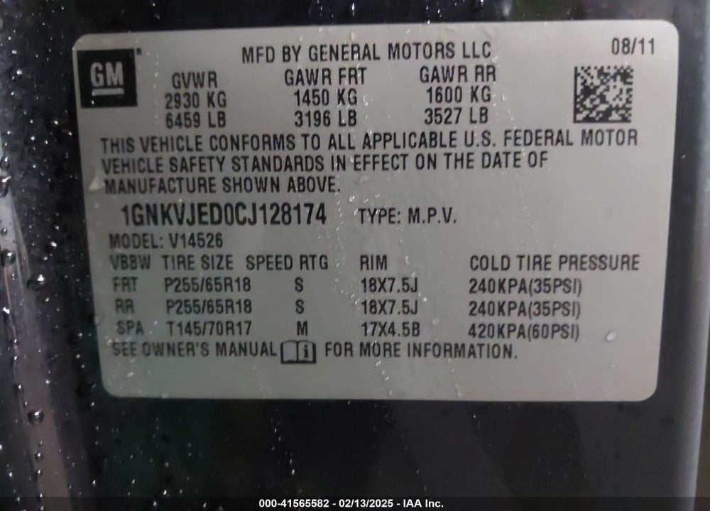 2012 CHEVROLET TRAVERSE 2LT VIN: 1GNKVJED0CJ128174