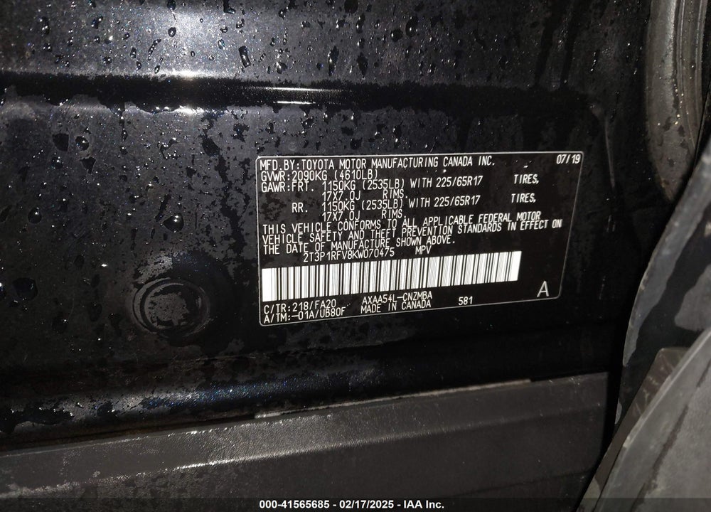 2019 TOYOTA RAV4 VIN: 2T3P1RFV8KW070475