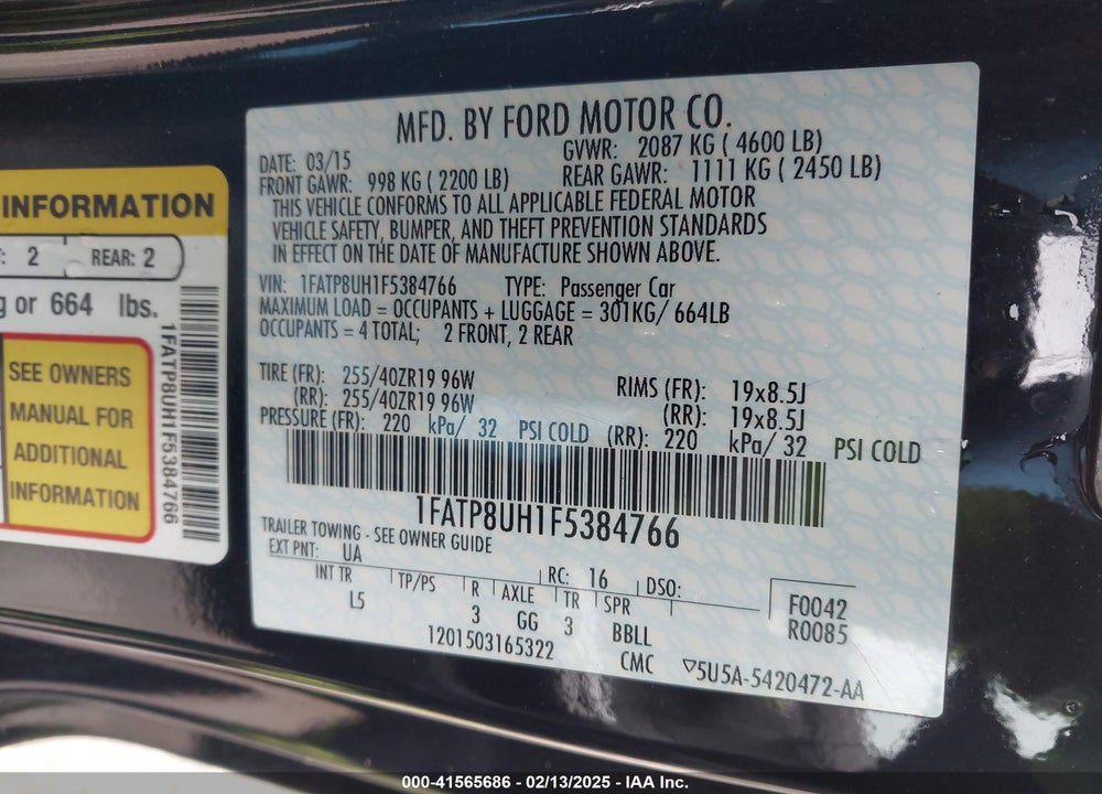 2015 FORD MUSTANG VIN: 1FATP8UH1F5384766