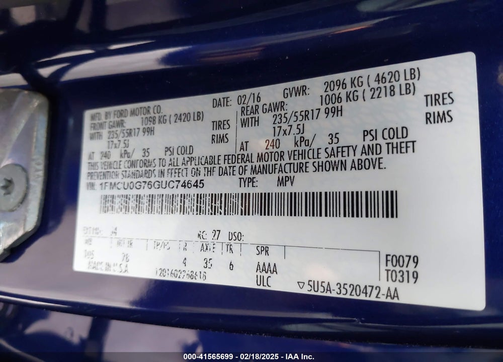 2016 FORD ESCAPE SE VIN: 1FMCU0G76GUC74645