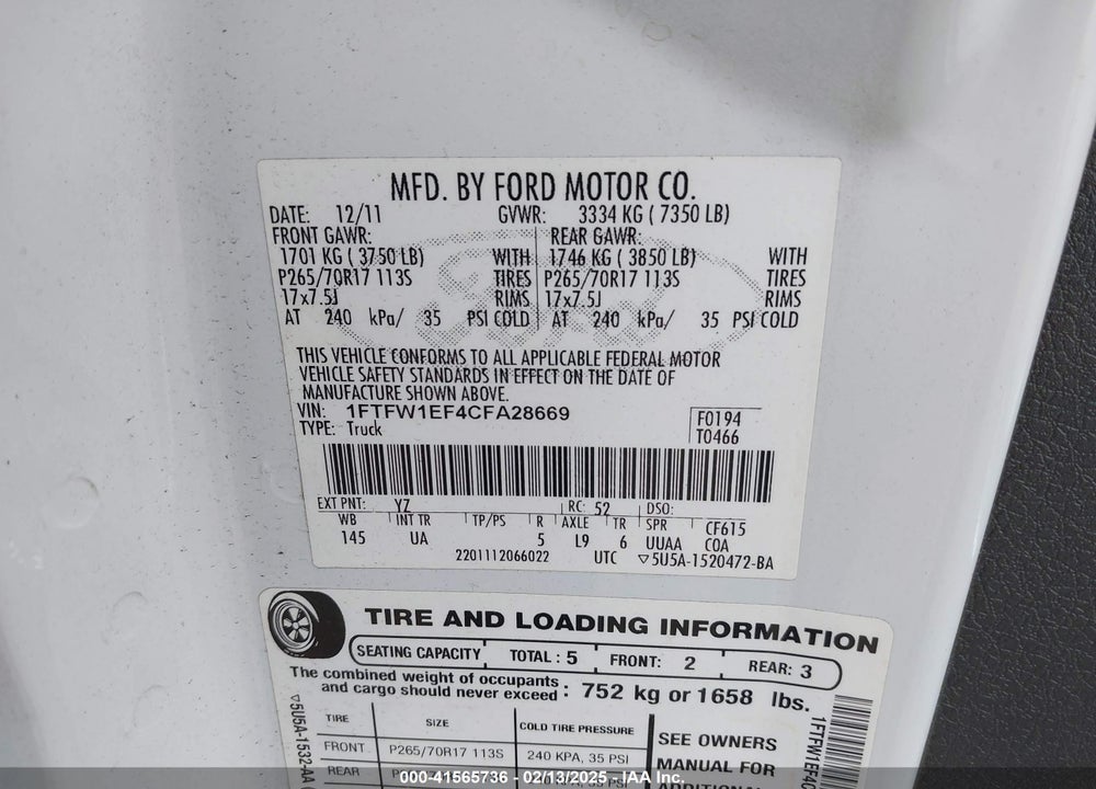 2012 FORD F-150 VIN: 1FTFW1EF4CFA28669