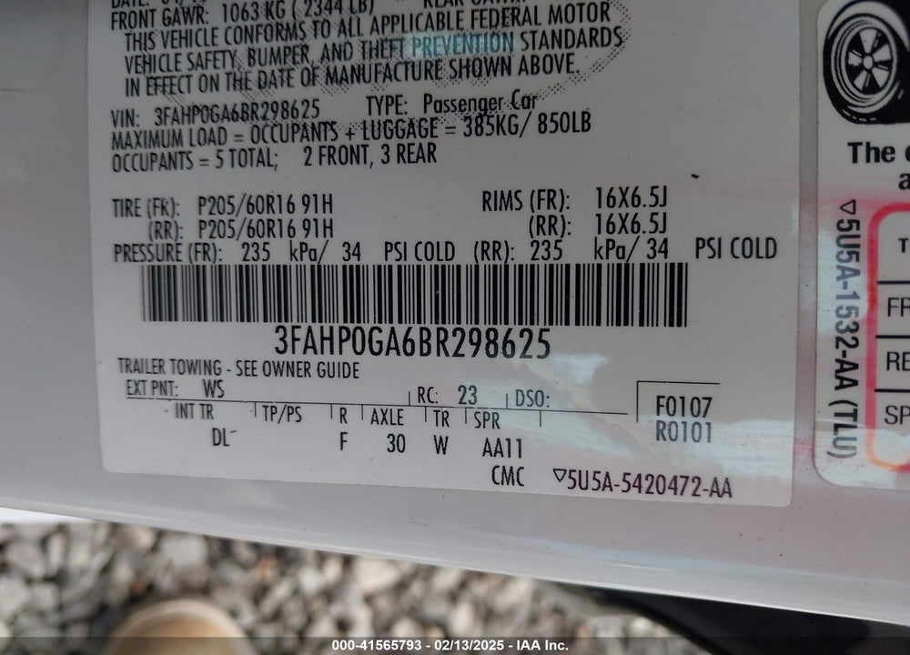 2011 FORD FUSION VIN: 3FAHP0GA6BR298625
