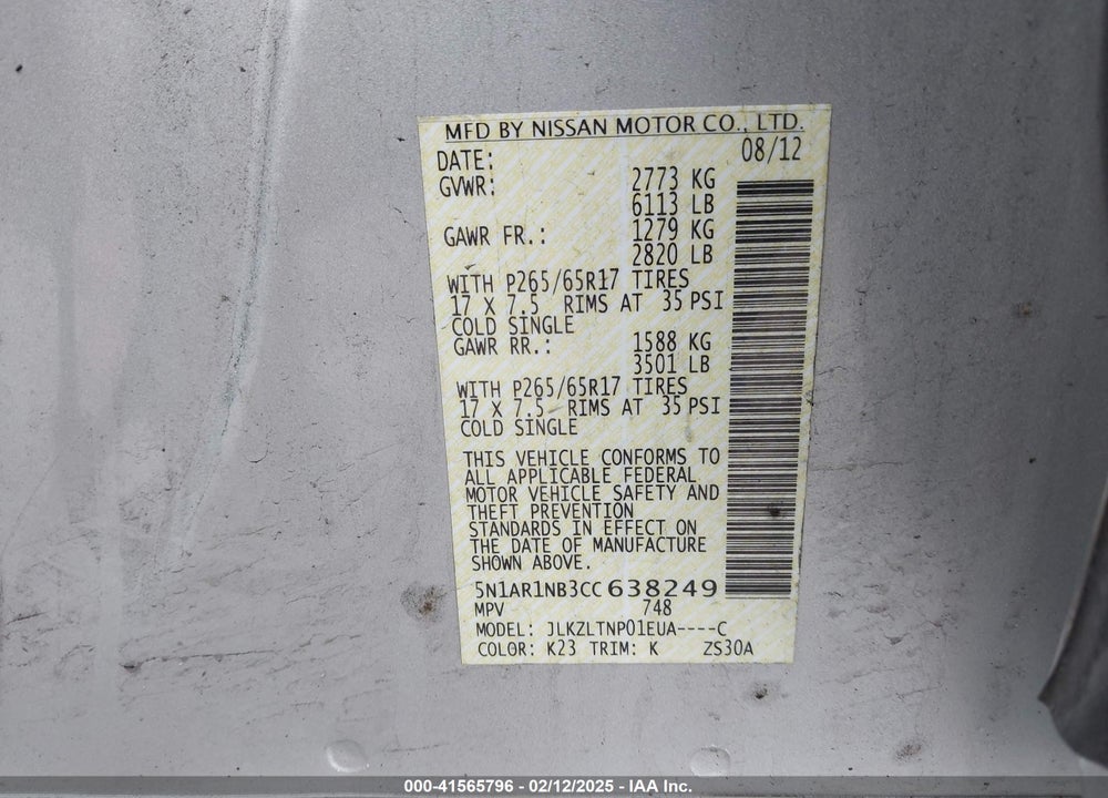 2012 NISSAN PATHFINDER SV VIN: 5N1AR1NB3CC638249