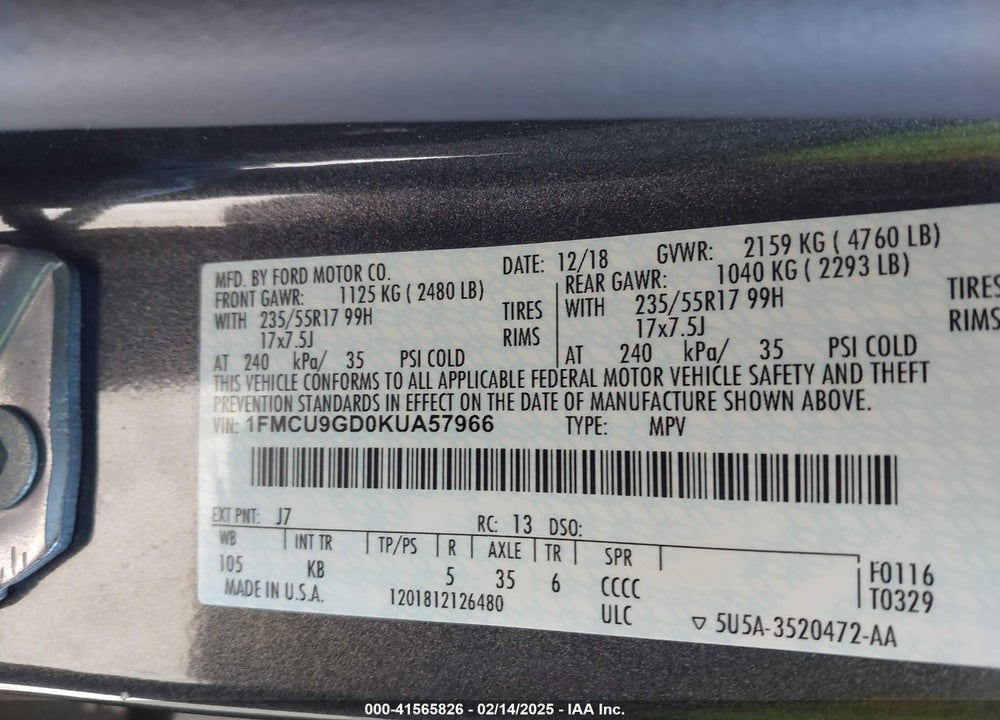 2019 FORD ESCAPE VIN: 1FMCU9GD0KUA57966