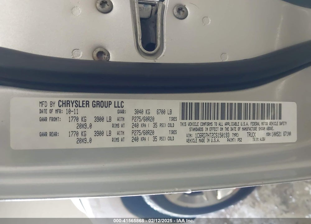 2012 RAM 1500 VIN: 1C6RD7HT2CS150193