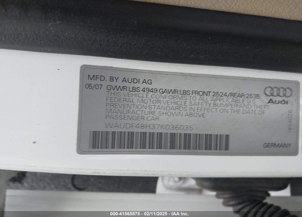 2007 AUDI A4 VIN: WAUDF48H37K036035