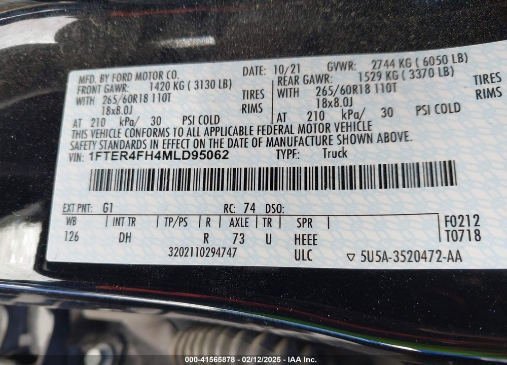2021 FORD RANGER VIN: 1FTER4FH4MLD95062