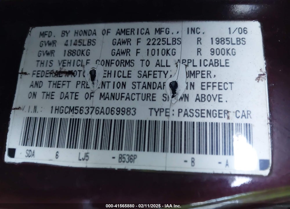 2006 HONDA ACCORD 2.4 SE VIN: 1HGCM56376A069983