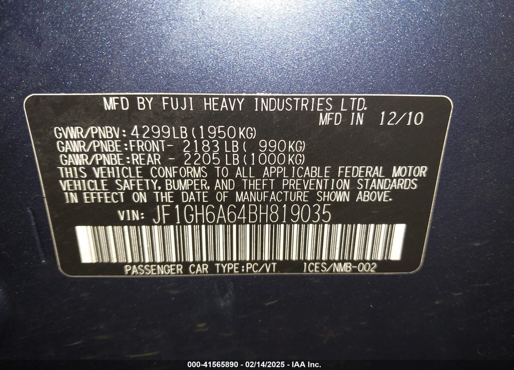 2011 SUBARU IMPREZA 2.5I VIN: JF1GH6A64BH819035