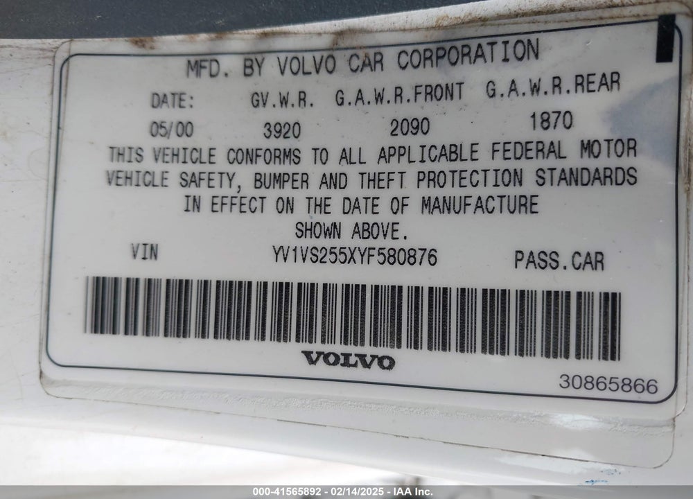 2000 VOLVO S40 A/AS VIN: YV1VS255XYF580876