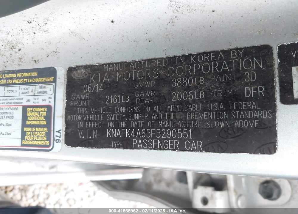 2015 KIA FORTE VIN: KNAFK4A65F5290551