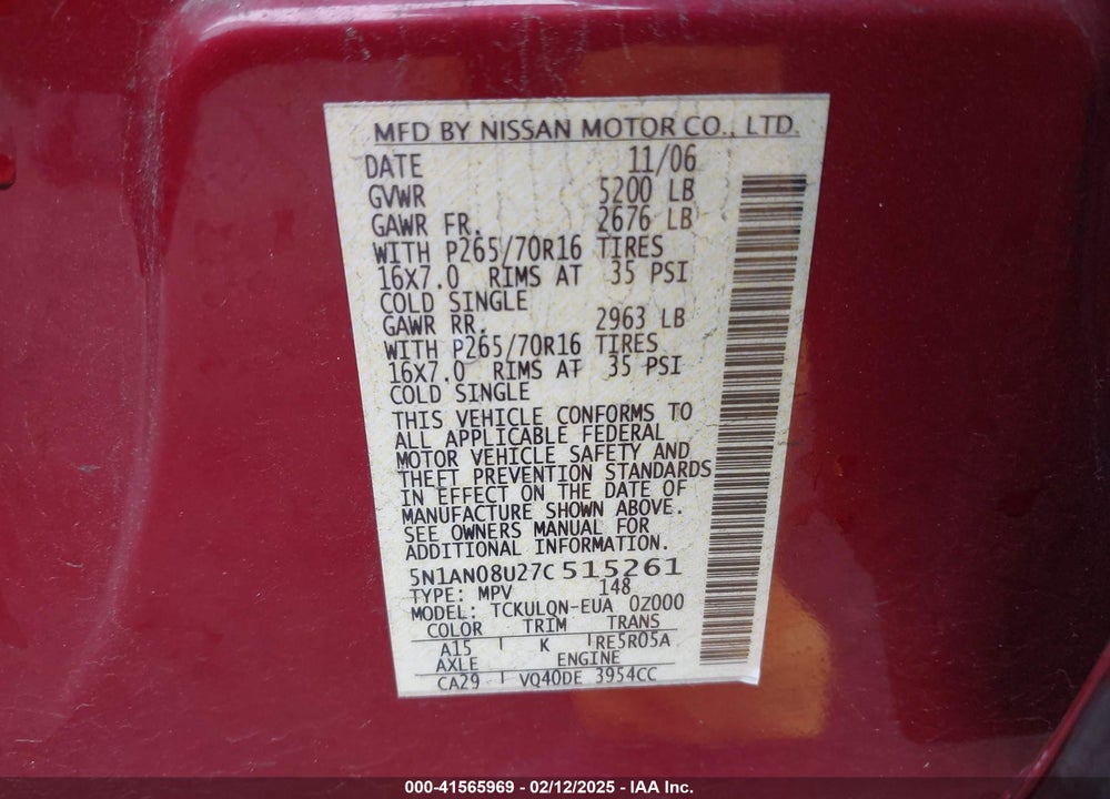 2007 NISSAN XTERRA X VIN: 5N1AN08U27C515261