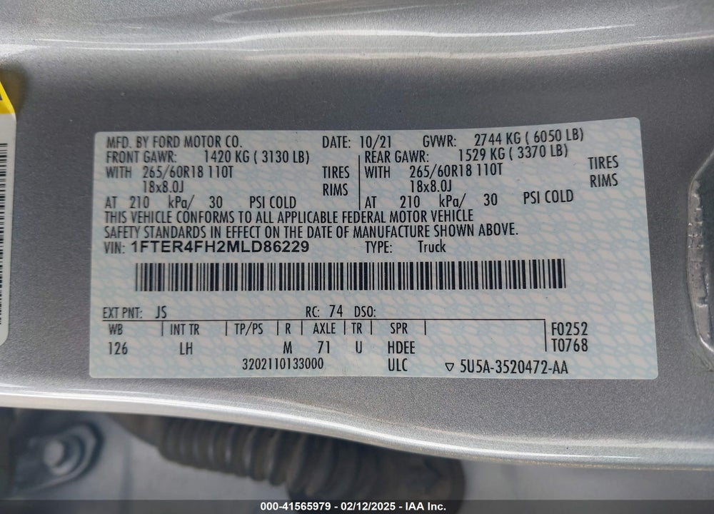 2021 FORD RANGER XLT VIN: 1FTER4FH2MLD86229