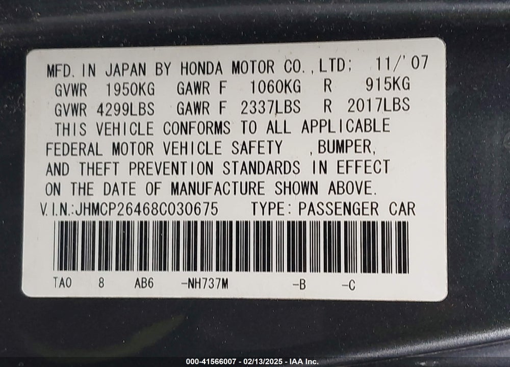2008 HONDA ACCORD 2.4 LX-P VIN: JHMCP26468C030675