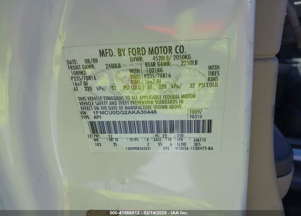 2010 FORD ESCAPE XLT VIN: 1FMCU0DG2AKA30448