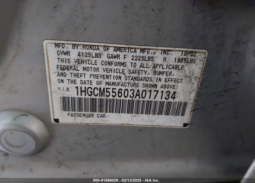 2003 HONDA ACCORD VIN: 1HGCM55603A017134
