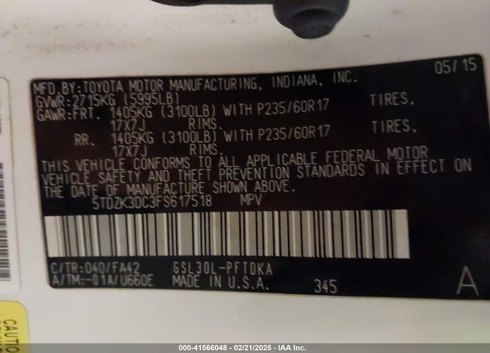 2015 TOYOTA SIENNA VIN: 5TDZK3DC3FS617518