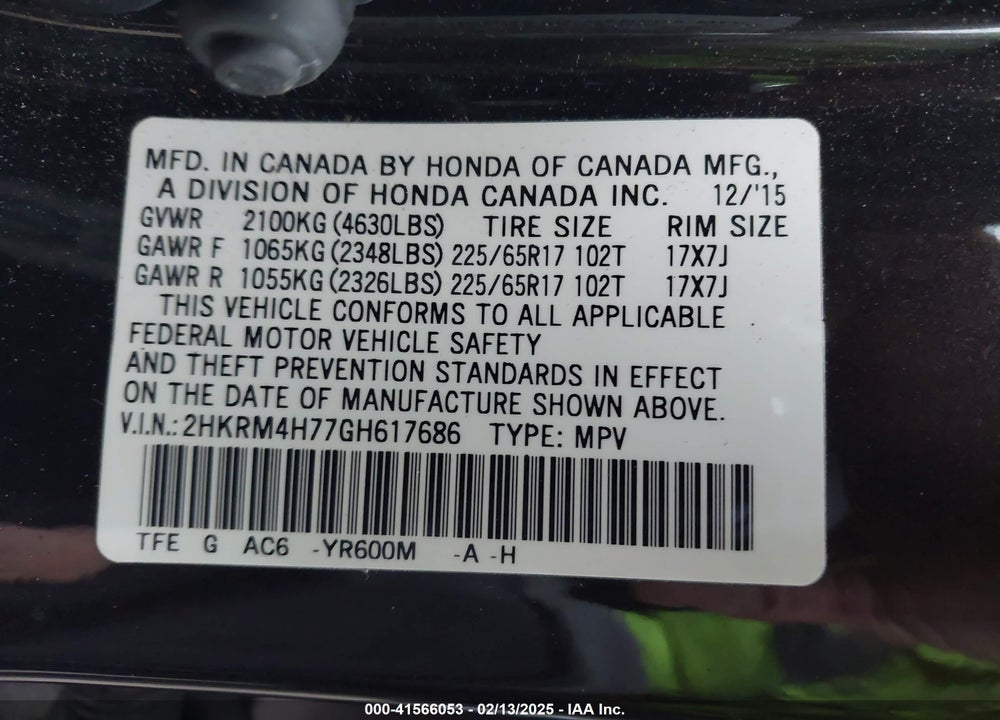 2016 HONDA CR-V EX-L VIN: 2HKRM4H77GH617686