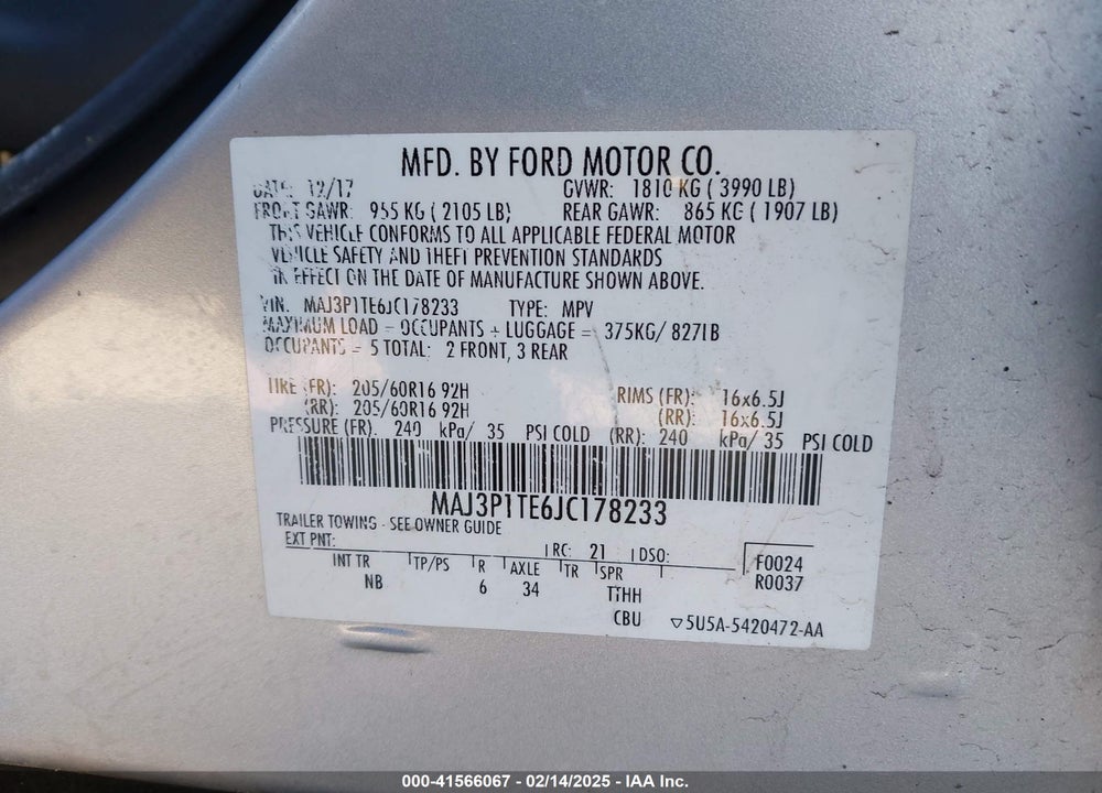 2018 FORD ECOSPORT VIN: MAJ3P1TE6JC178233