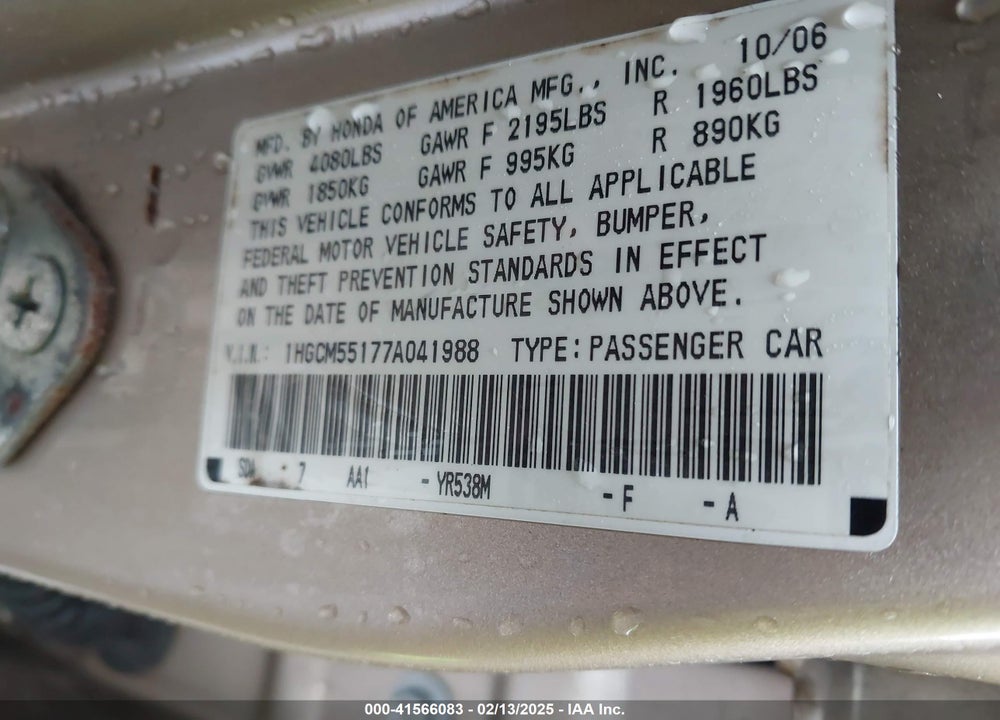 2007 HONDA ACCORD 2.4 VP VIN: 1HGCM55177A041988