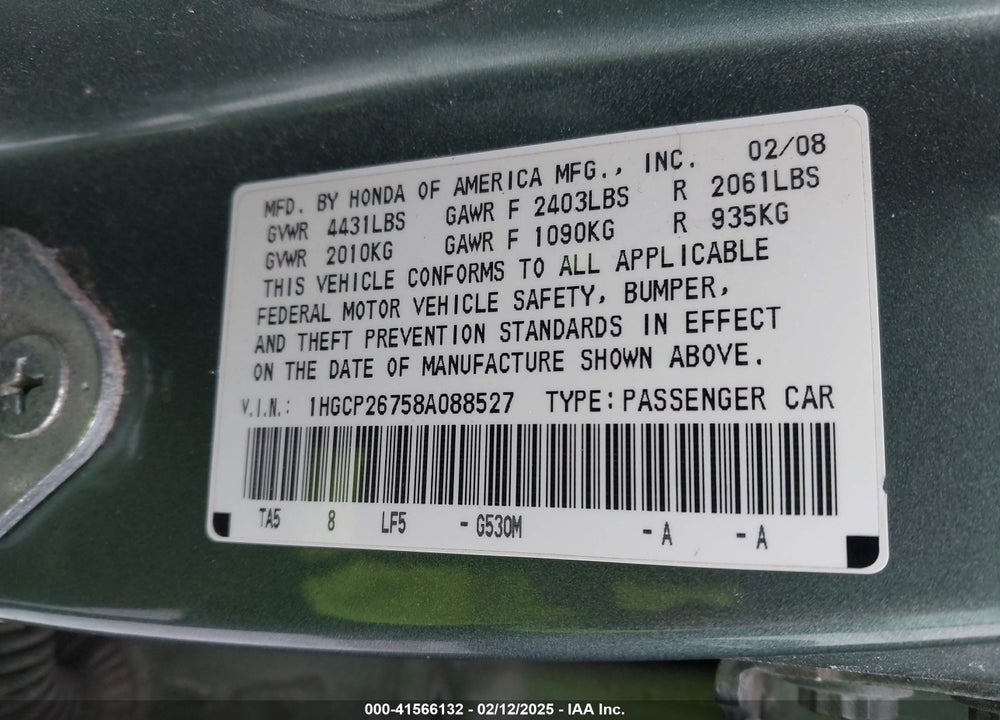 2008 HONDA ACCORD VIN: 1HGCP26758A088527