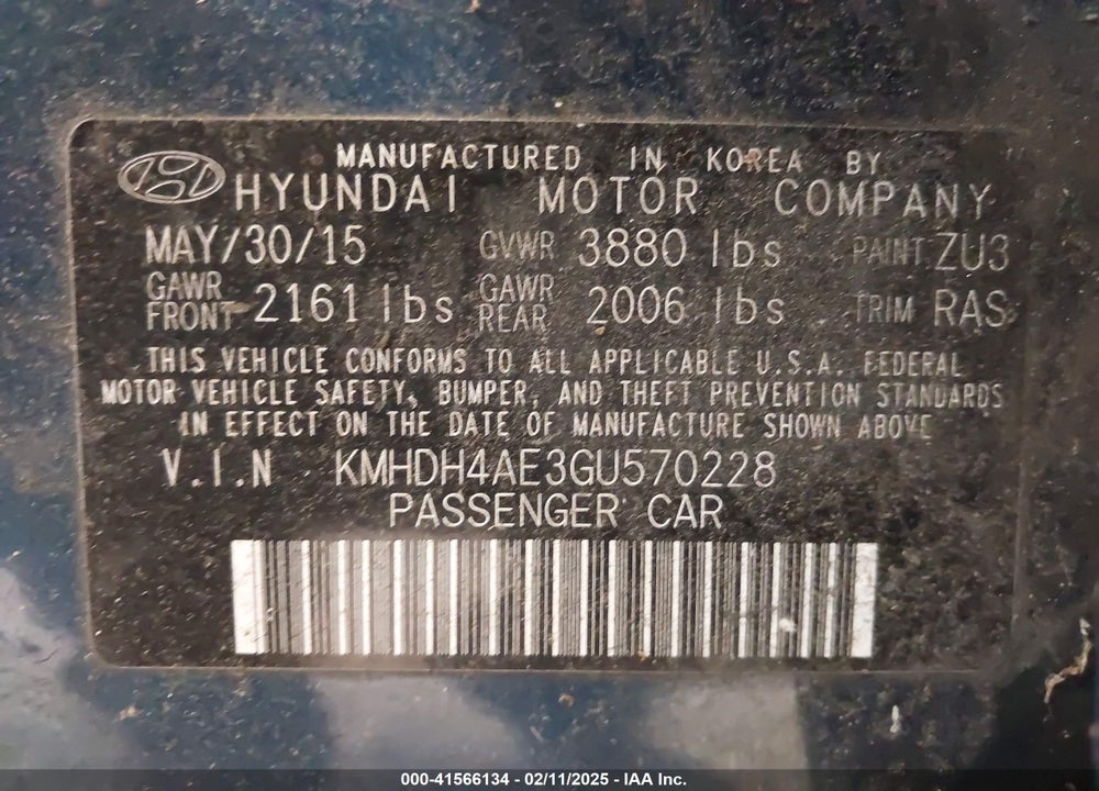 2016 HYUNDAI ELANTRA VIN: KMHDH4AE3GU570228