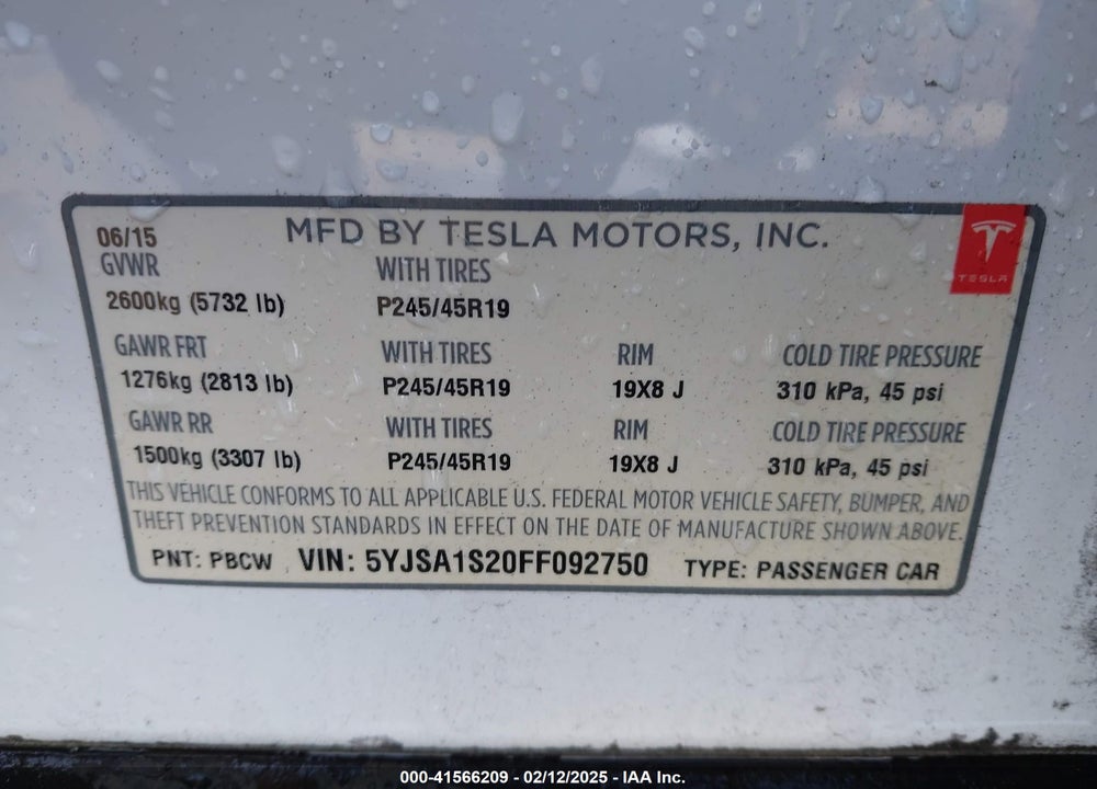 2015 TESLA MODEL S VIN: 5YJSA1S20FF092750