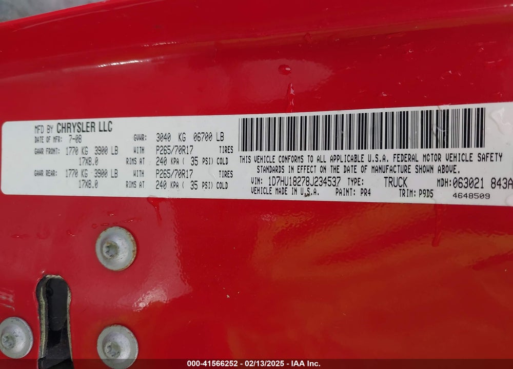 2008 DODGE RAM 1500 ST/SXT VIN: 1D7HU18278J234537