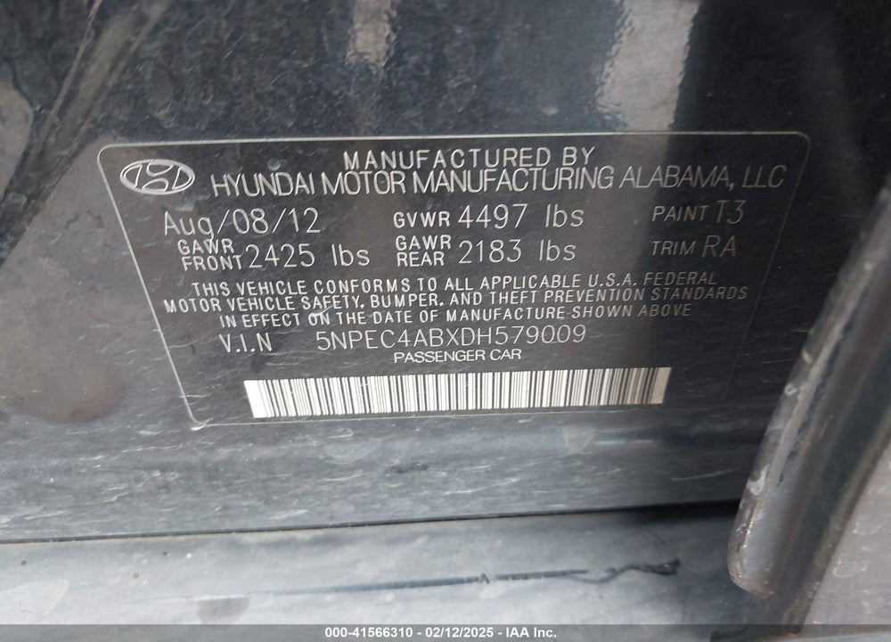 2013 HYUNDAI SONATA LIMITED 2.0T VIN: 5NPEC4ABXDH579009