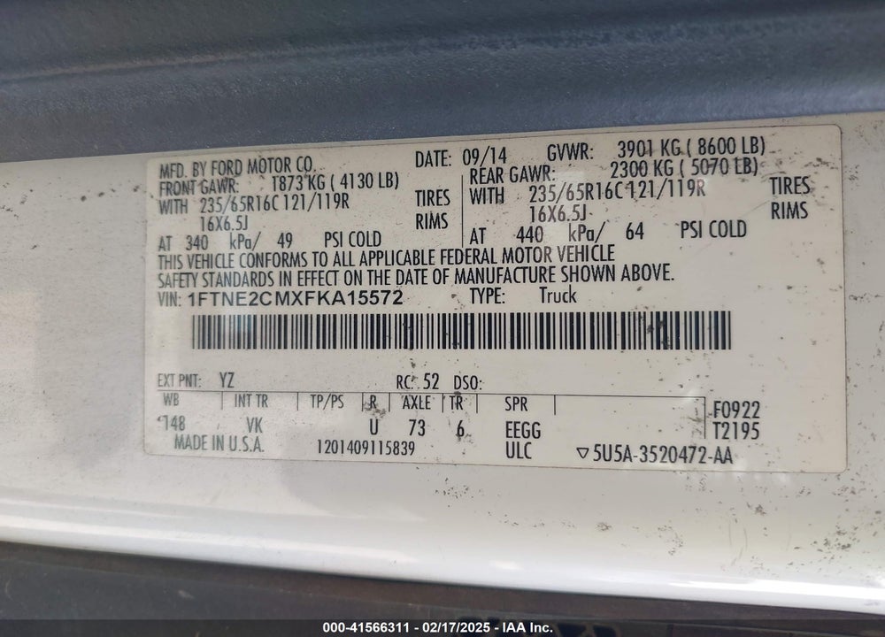 2015 FORD TRANSIT-150 VIN: 1FTNE2CMXFKA15572