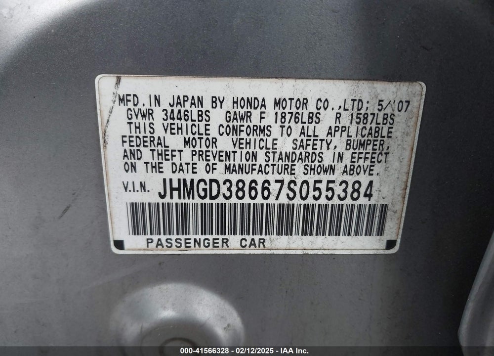 2007 HONDA FIT VIN: JHMGD38667S055384