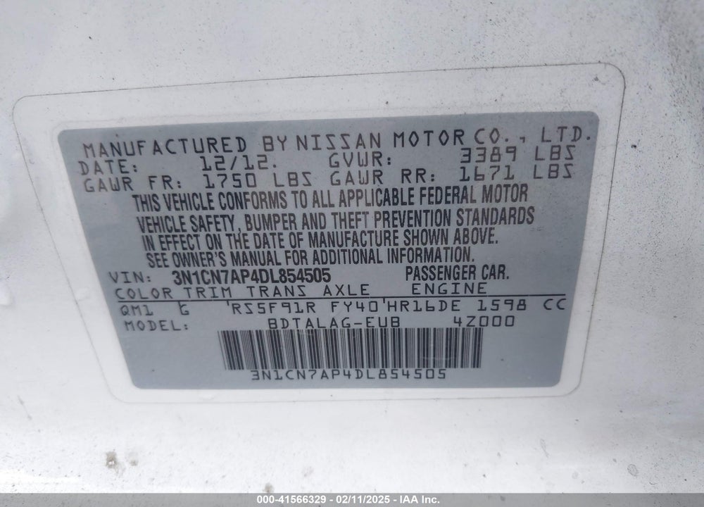 2013 NISSAN VERSA VIN: 3N1CN7AP4DL854505