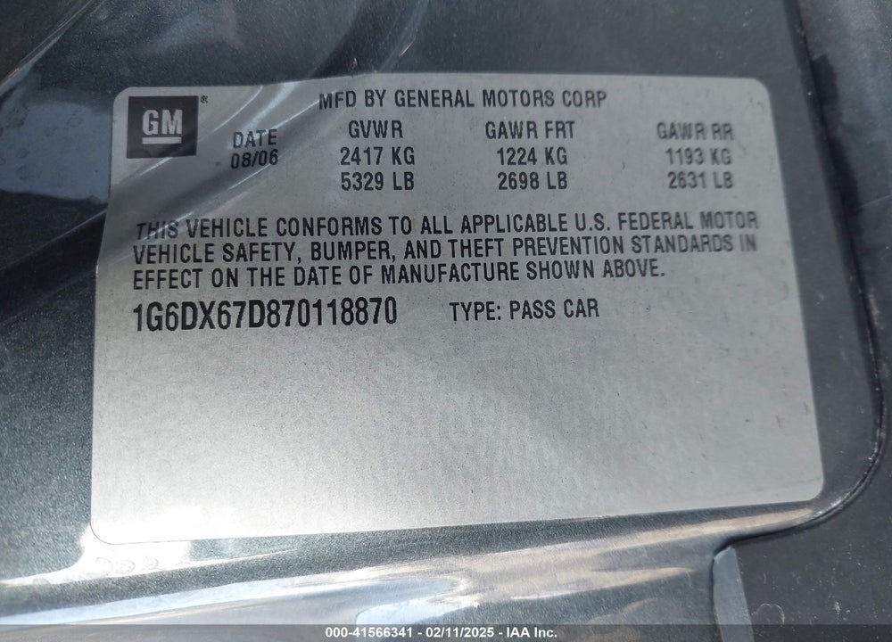 2007 CADILLAC STS-V VIN: 1G6DX67D870118870