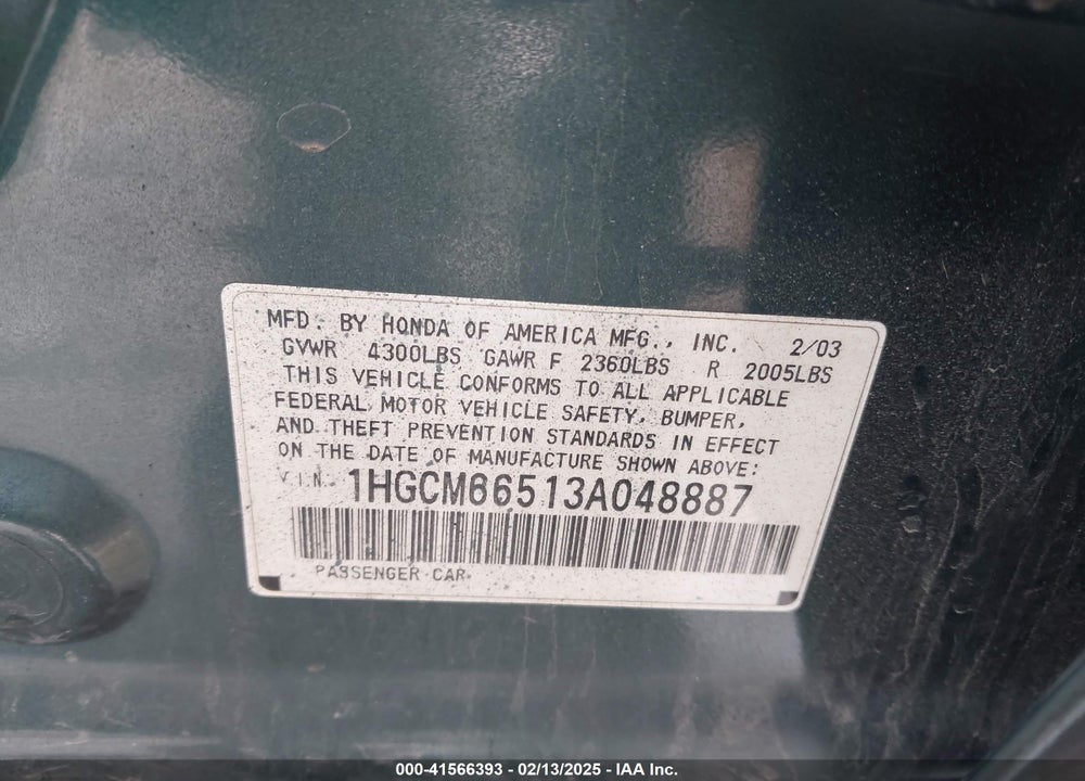 2003 HONDA ACCORD 3.0 EX VIN: 1HGCM66513A048887