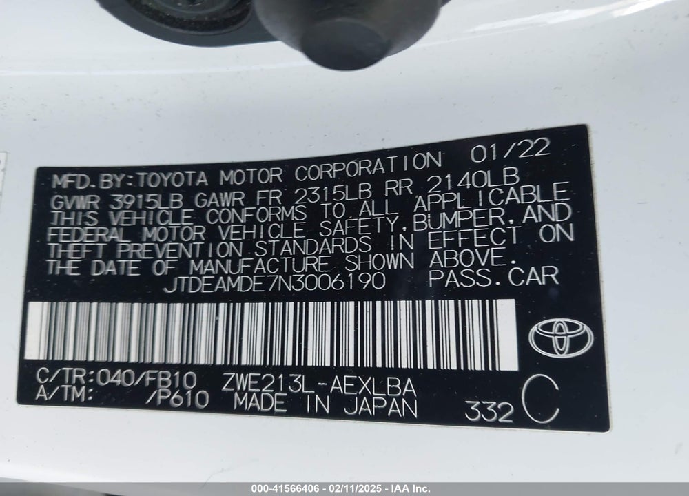 2022 TOYOTA COROLLA VIN: JTDEAMDE7N3006190