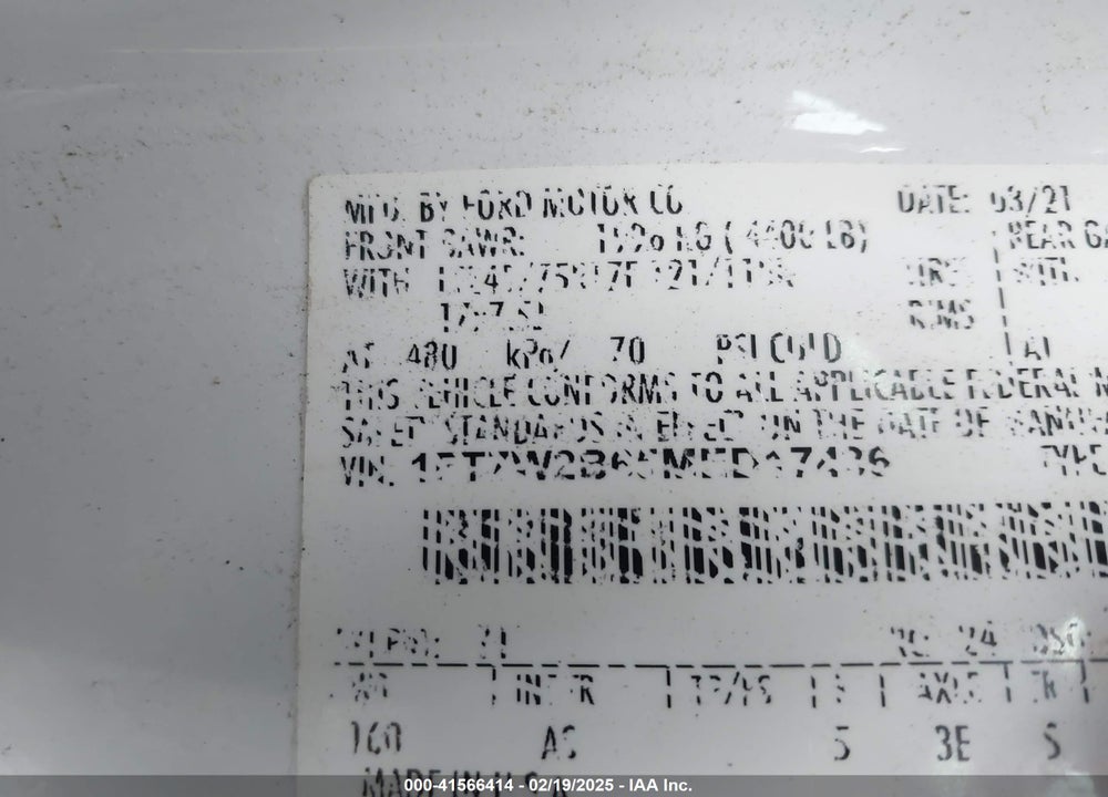 2021 FORD F-250 XL VIN: 1FT7W2B65MED17436