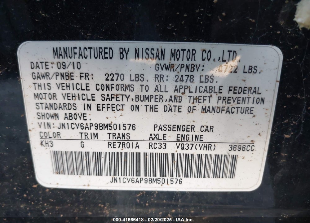 2011 INFINITI G37 VIN: JN1CV6AP9BM501576