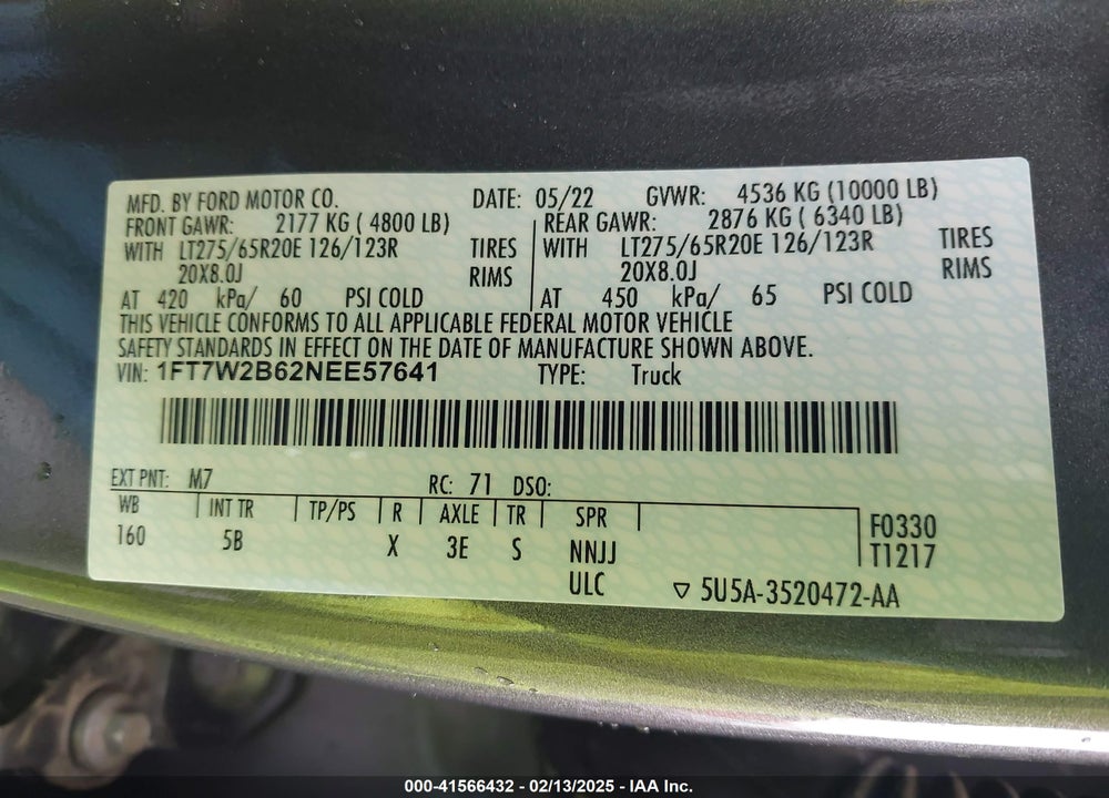 2022 FORD F-250 VIN: 1FT7W2B62NEE57641